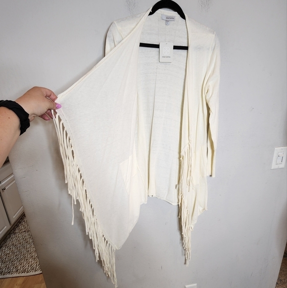 NWT Daisy Fuentes Cream Fringe open front cardigan.  Size Large. Cotton. - Picture 4 of 16
